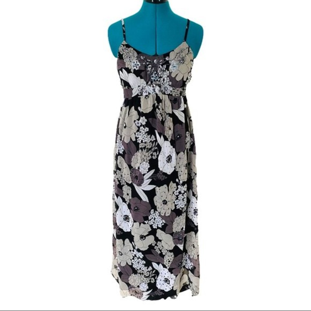 Floral Strappy Maxi Dress Womens size Small V-neck Tie back Beaded Sequins